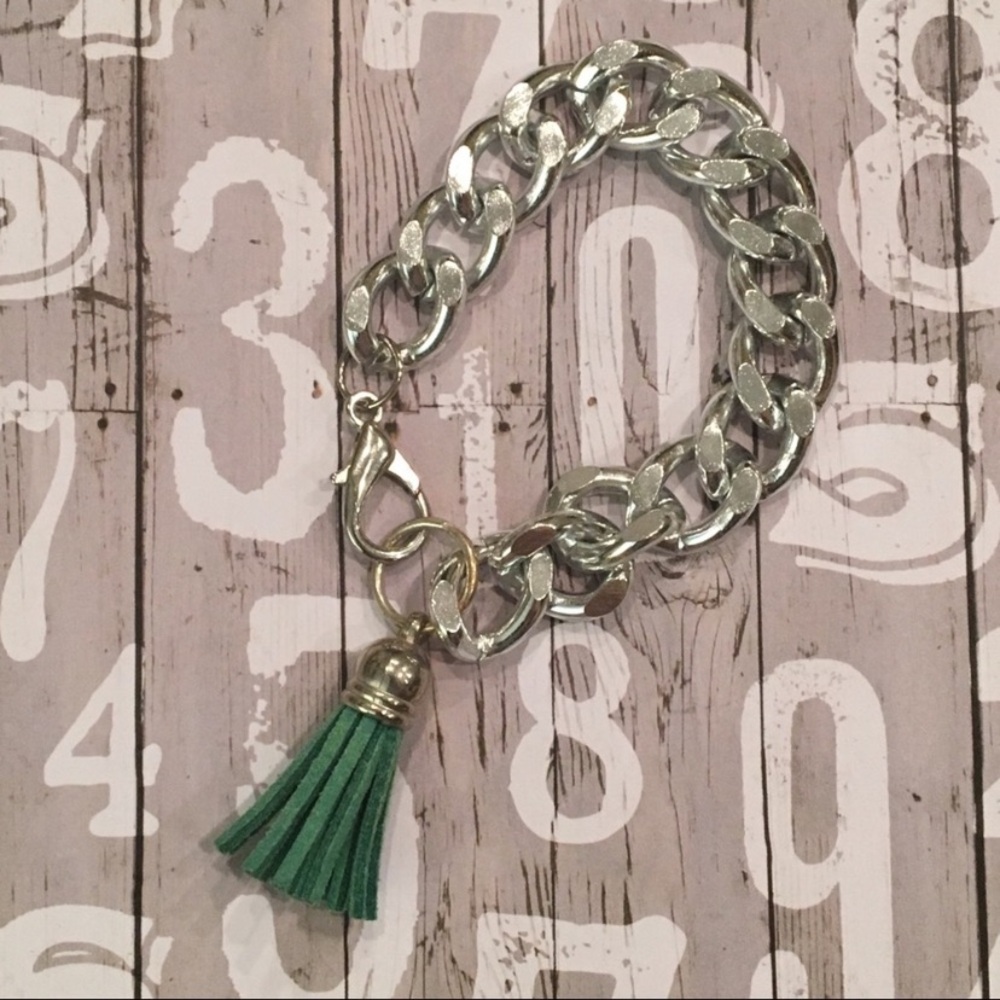 Silver Chain Bracelet with Green Tassel